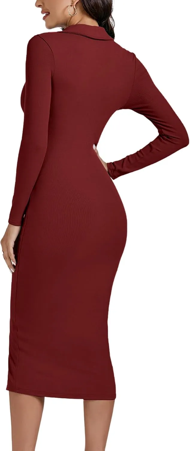LYANER Women's Casual Ribbed Knit Button Down Collar V Neck Long Sleeve Bodycon Midi Dress