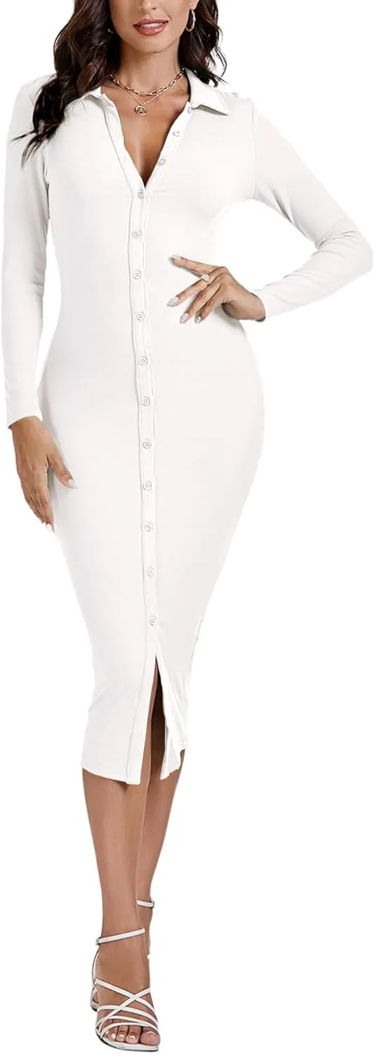LYANER Women's Casual Ribbed Knit Button Down Collar V Neck Long Sleeve Bodycon Midi Dress