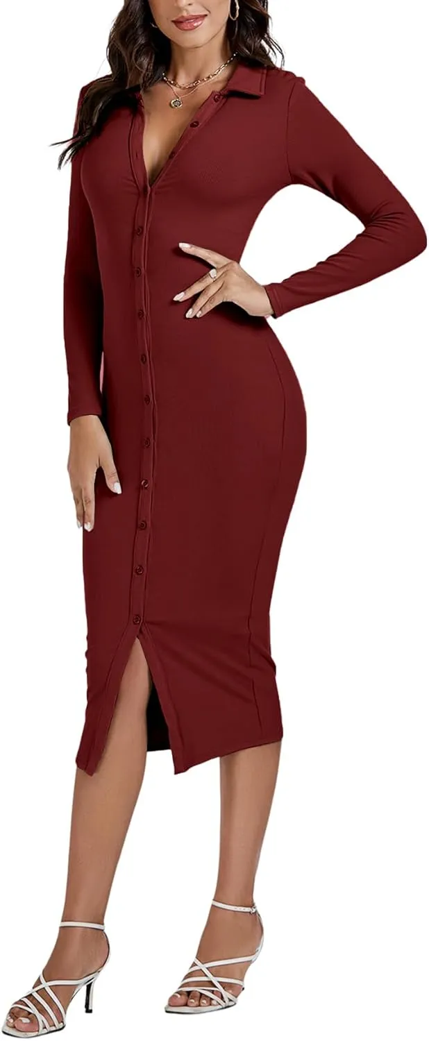 LYANER Women's Casual Ribbed Knit Button Down Collar V Neck Long Sleeve Bodycon Midi Dress