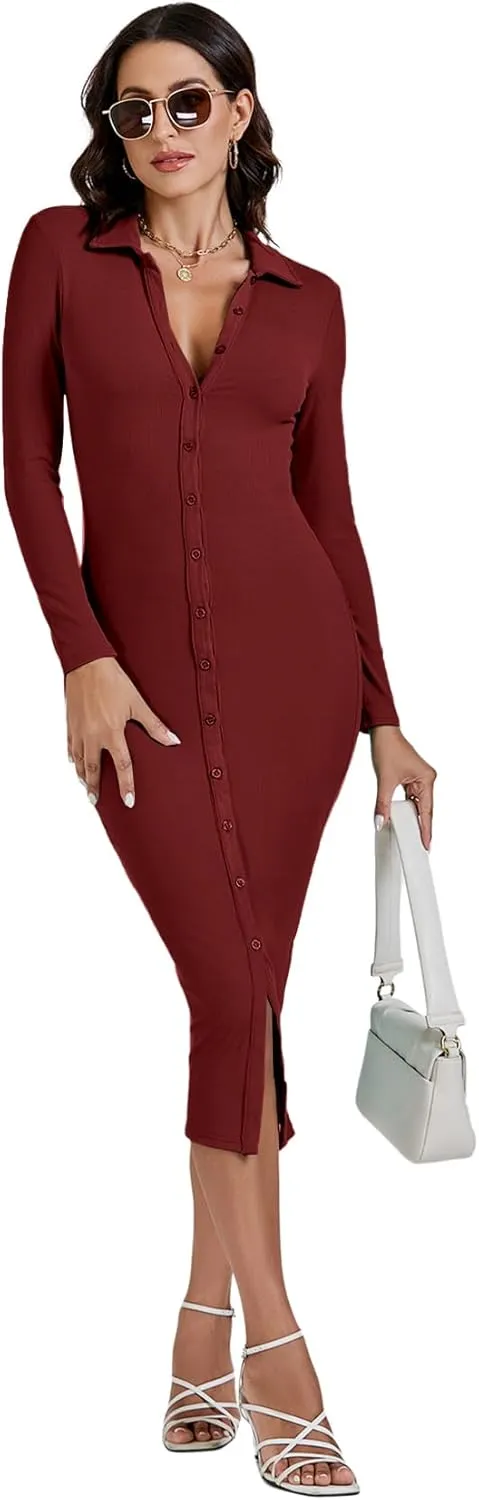 LYANER Women's Casual Ribbed Knit Button Down Collar V Neck Long Sleeve Bodycon Midi Dress
