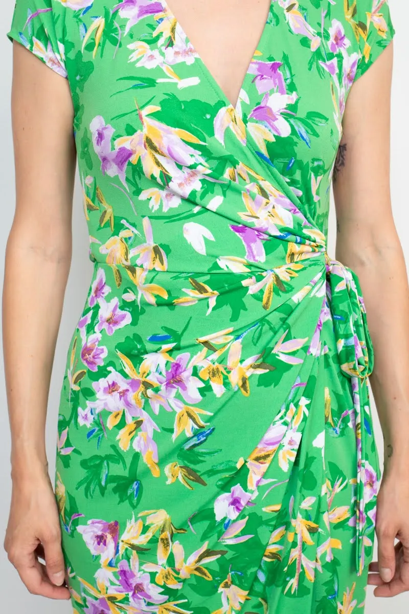 Maggy London V-Neck Sleeveless Tie Waist Gathered Side Floral Print Jersey Dress