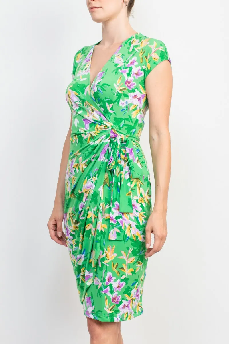 Maggy London V-Neck Sleeveless Tie Waist Gathered Side Floral Print Jersey Dress