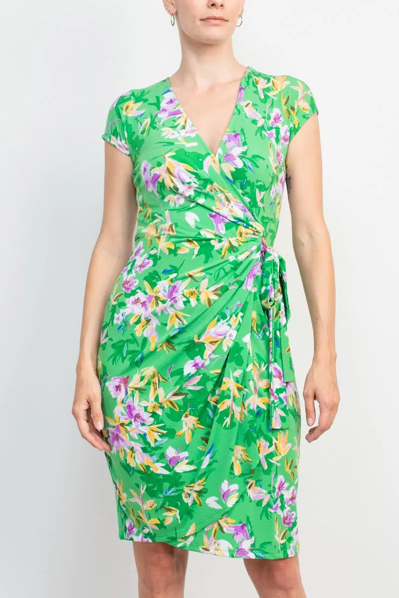 Maggy London V-Neck Sleeveless Tie Waist Gathered Side Floral Print Jersey Dress