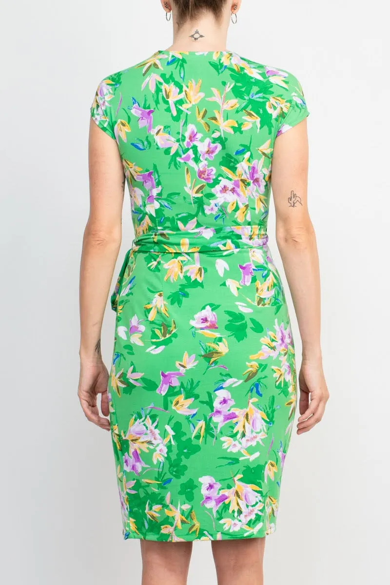 Maggy London V-Neck Sleeveless Tie Waist Gathered Side Floral Print Jersey Dress