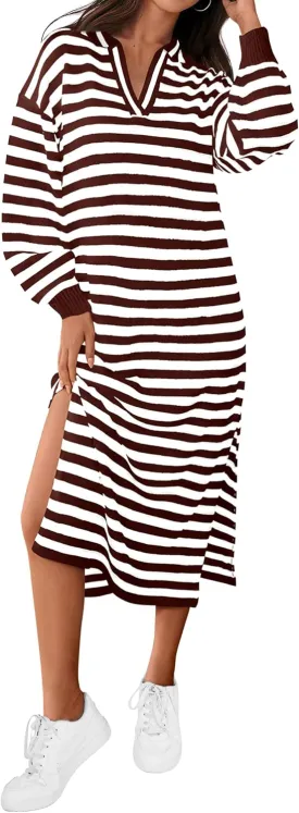 MASCOMODA Womens Fall Dresses 2024 Striped Sweater Dress Casual Long Sleeve V Neck Collared Loose Side Slit Knit Midi Dress