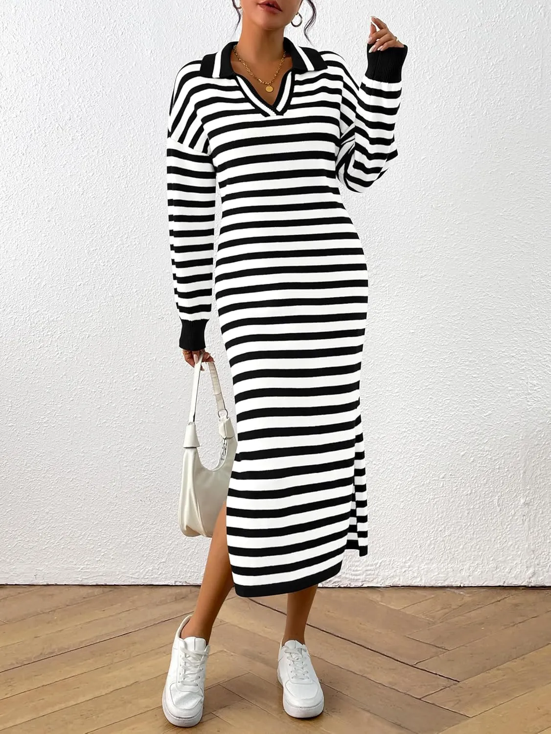MASCOMODA Womens Fall Dresses 2024 Striped Sweater Dress Casual Long Sleeve V Neck Collared Loose Side Slit Knit Midi Dress