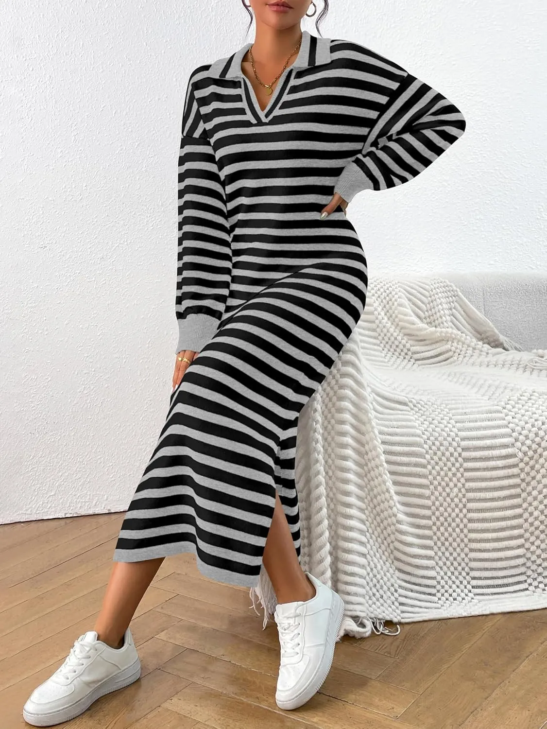 MASCOMODA Womens Fall Dresses 2024 Striped Sweater Dress Casual Long Sleeve V Neck Collared Loose Side Slit Knit Midi Dress
