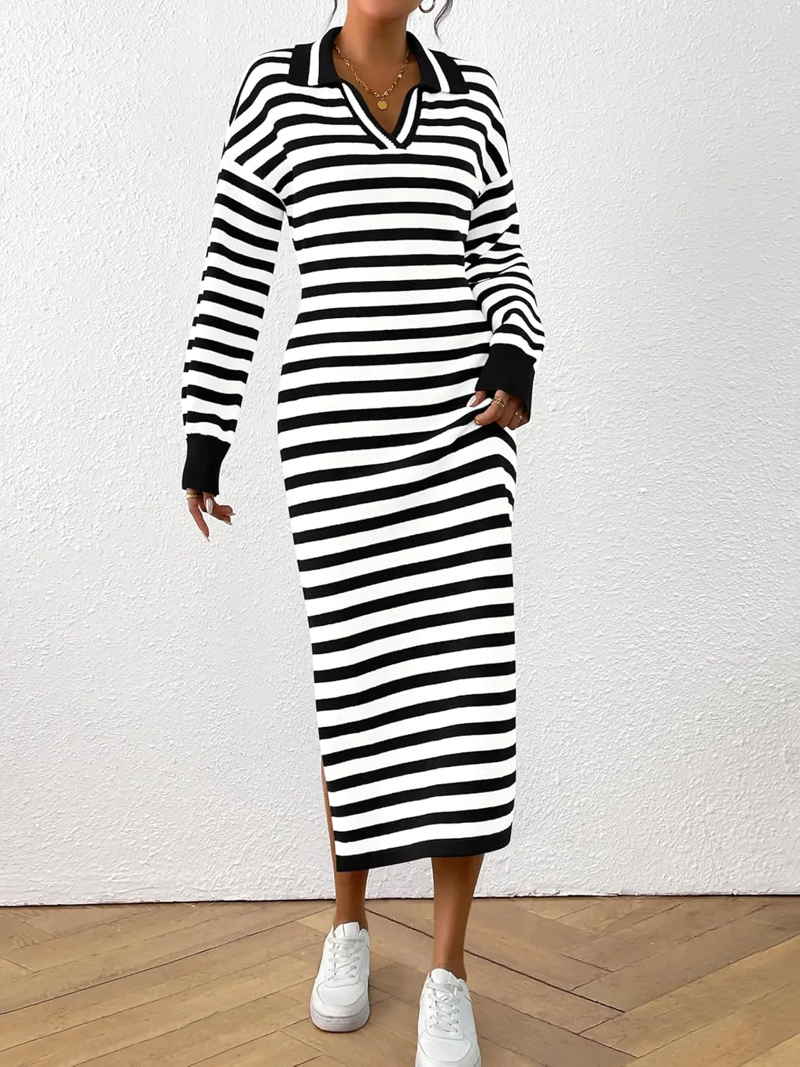 MASCOMODA Womens Fall Dresses 2024 Striped Sweater Dress Casual Long Sleeve V Neck Collared Loose Side Slit Knit Midi Dress