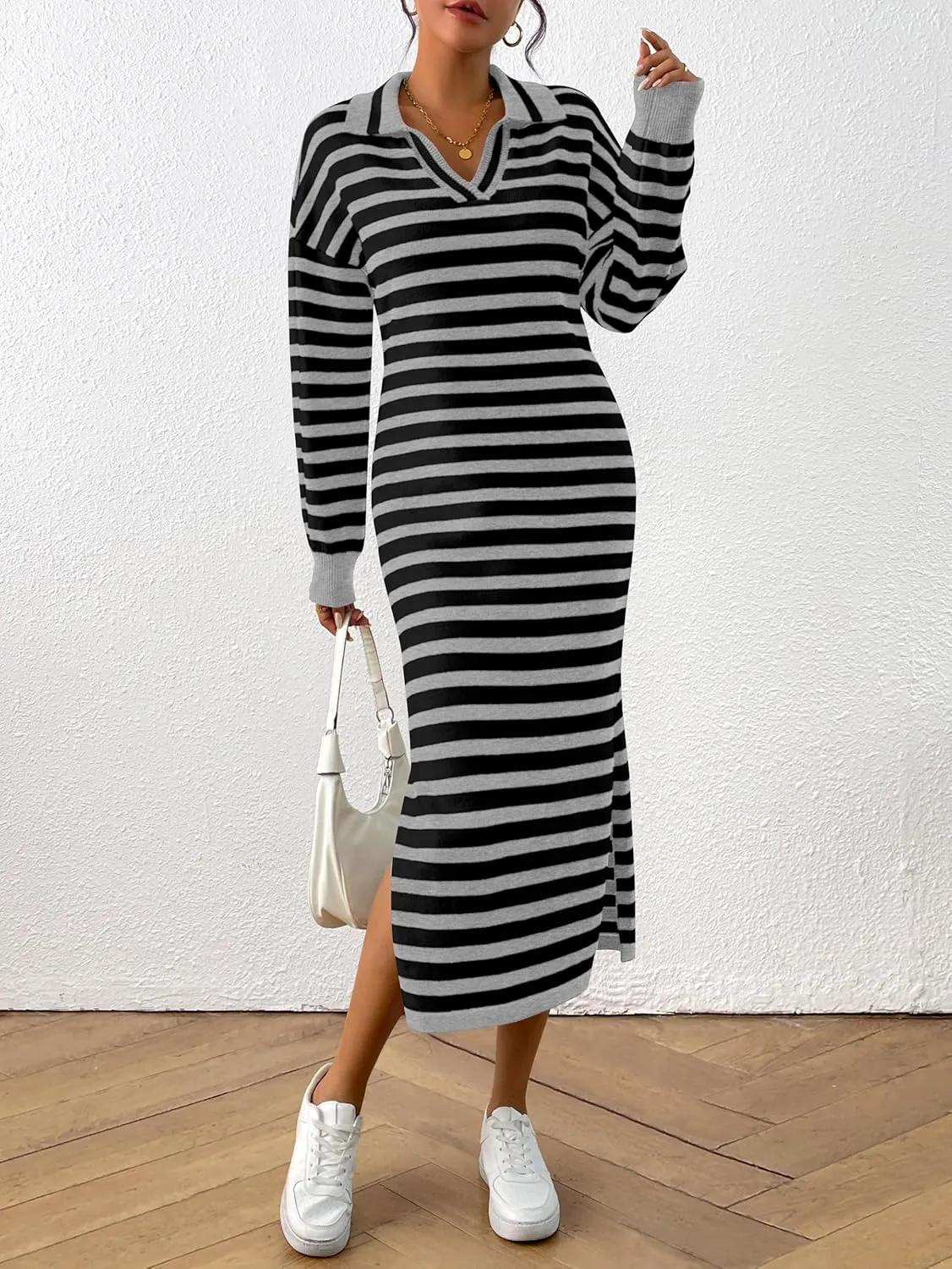 MASCOMODA Womens Fall Dresses 2024 Striped Sweater Dress Casual Long Sleeve V Neck Collared Loose Side Slit Knit Midi Dress