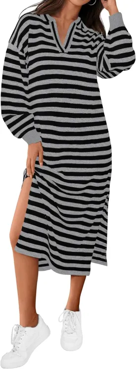 MASCOMODA Womens Fall Dresses 2024 Striped Sweater Dress Casual Long Sleeve V Neck Collared Loose Side Slit Knit Midi Dress