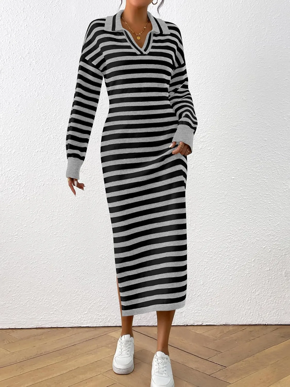 MASCOMODA Womens Fall Dresses 2024 Striped Sweater Dress Casual Long Sleeve V Neck Collared Loose Side Slit Knit Midi Dress