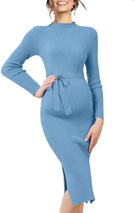Maternity Sweater Dress Long Sleeve Turtleneck Ribbed Side Slit Bodycon Nursing Midi Dress Pregnancy Clothes