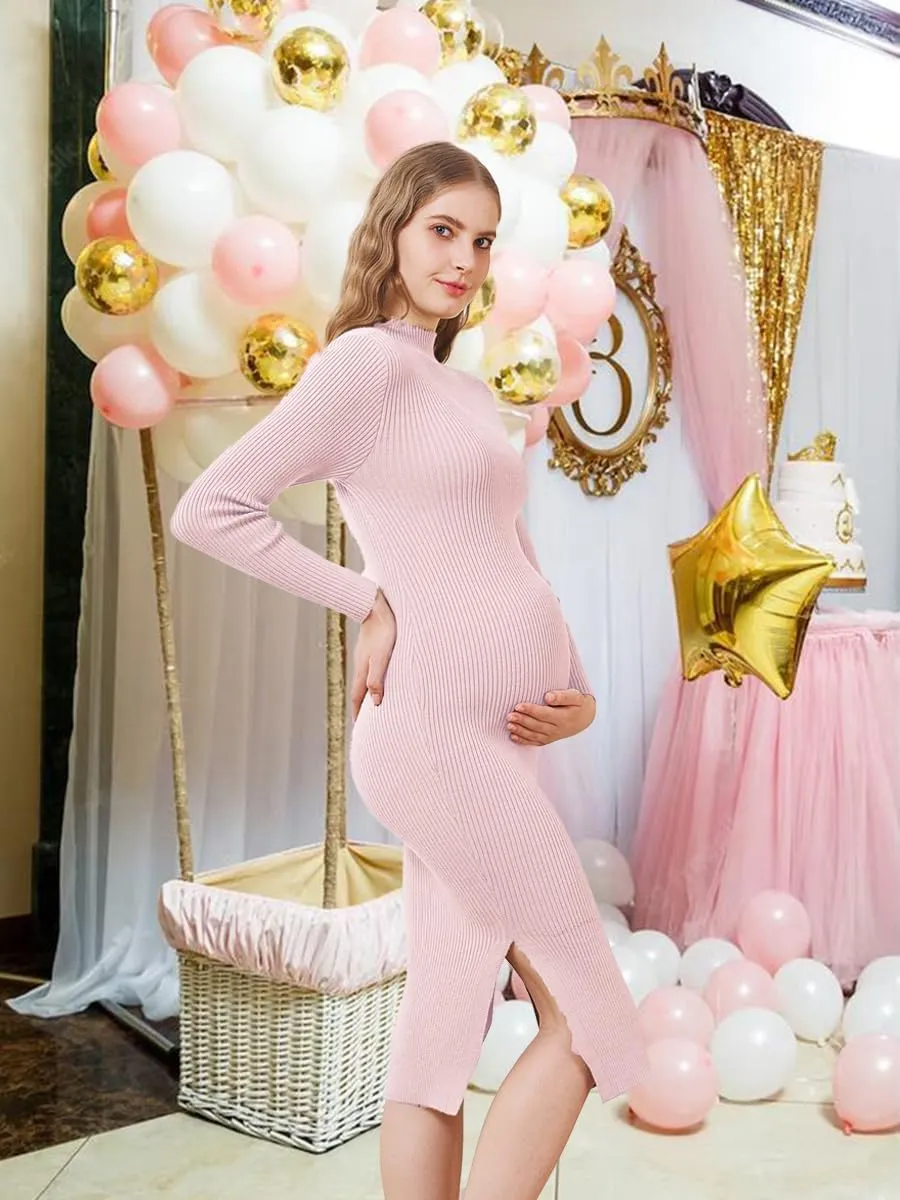Maternity Sweater Dress Long Sleeve Turtleneck Ribbed Side Slit Bodycon Nursing Midi Dress Pregnancy Clothes