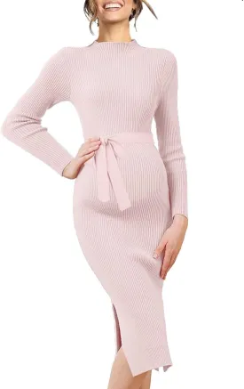 Maternity Sweater Dress Long Sleeve Turtleneck Ribbed Side Slit Bodycon Nursing Midi Dress Pregnancy Clothes