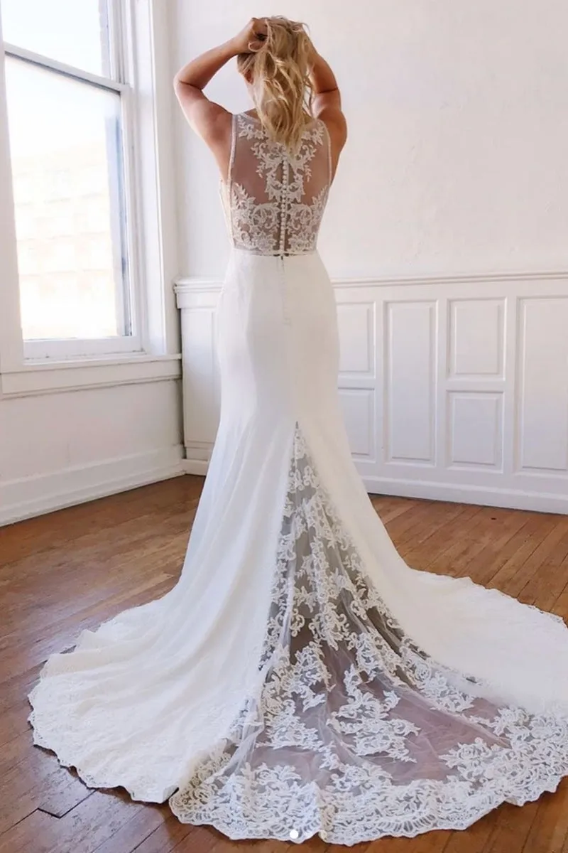 Mermaid V Neck Long Lace White Prom Dress, V Neck Mermaid Lace White Formal Graduation Evening Dress