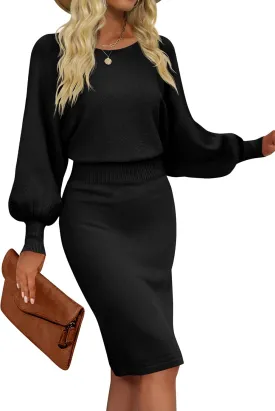 MIROL Women's Casual 2025 Long Puff Sleeve Solid Bodycon Midi Dress Ribbed Knit Oversized Pullover Sweater Dress
