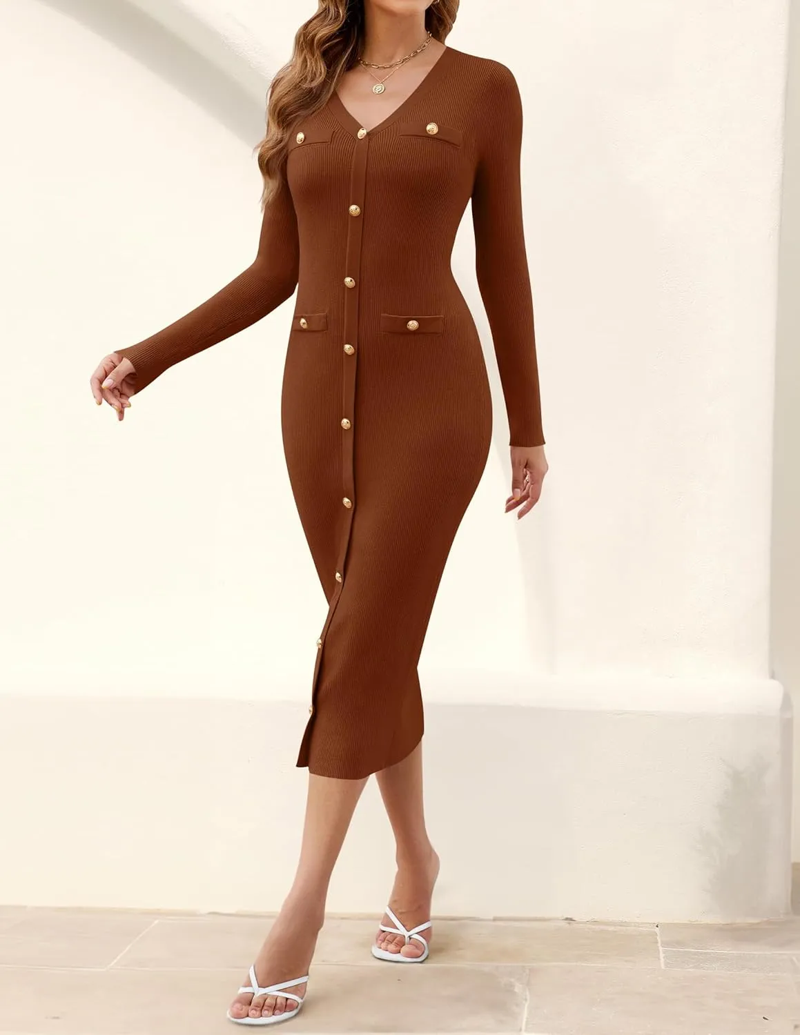 MIROL Women's V-Neck Bodycon Sweater Dress 2025 Fall Long Sleeve Button Down Knit Maxi Dress Elegant Long Dresses
