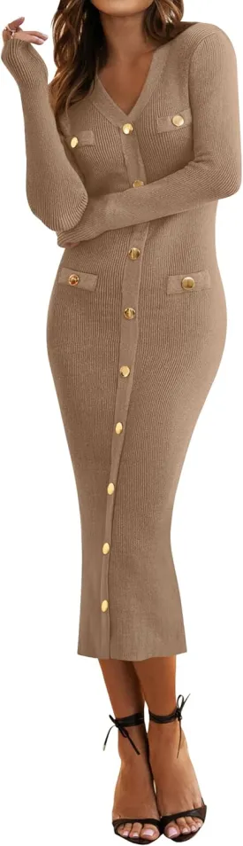 MIROL Women's V-Neck Bodycon Sweater Dress 2025 Fall Long Sleeve Button Down Knit Maxi Dress Elegant Long Dresses