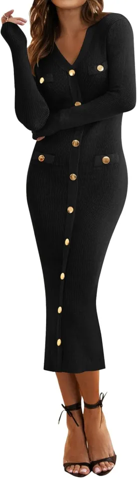 MIROL Women's V-Neck Bodycon Sweater Dress 2025 Fall Long Sleeve Button Down Knit Maxi Dress Elegant Long Dresses