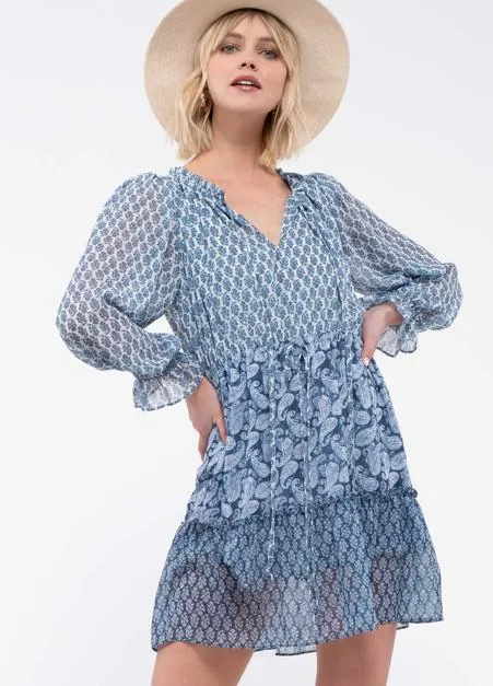 Mixed-Print Paisley Blue Dress