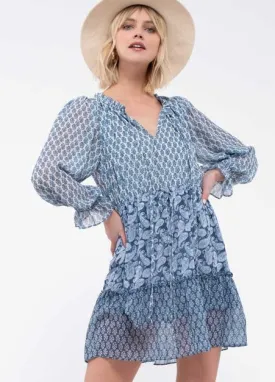 Mixed-Print Paisley Blue Dress