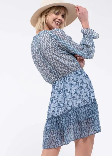 Mixed-Print Paisley Blue Dress