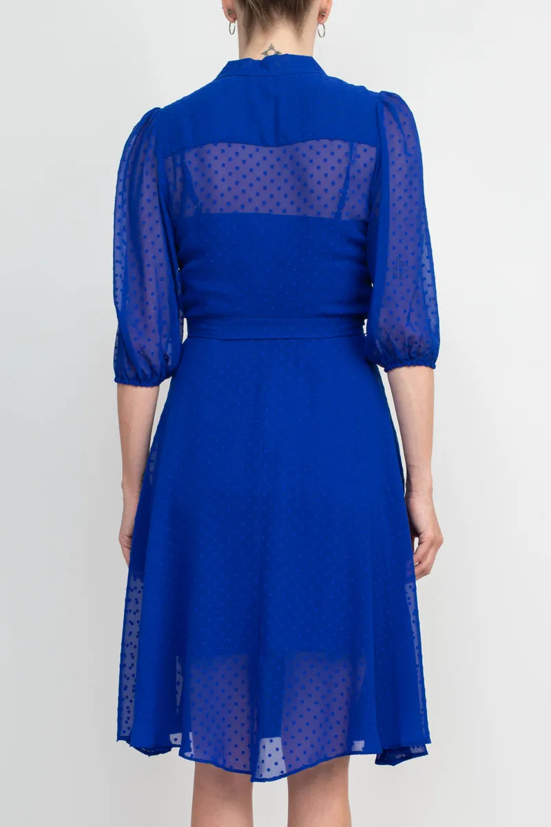 Nanette Lepore Collared Short Sleeve Tie Waist Illusion Rayon Dress