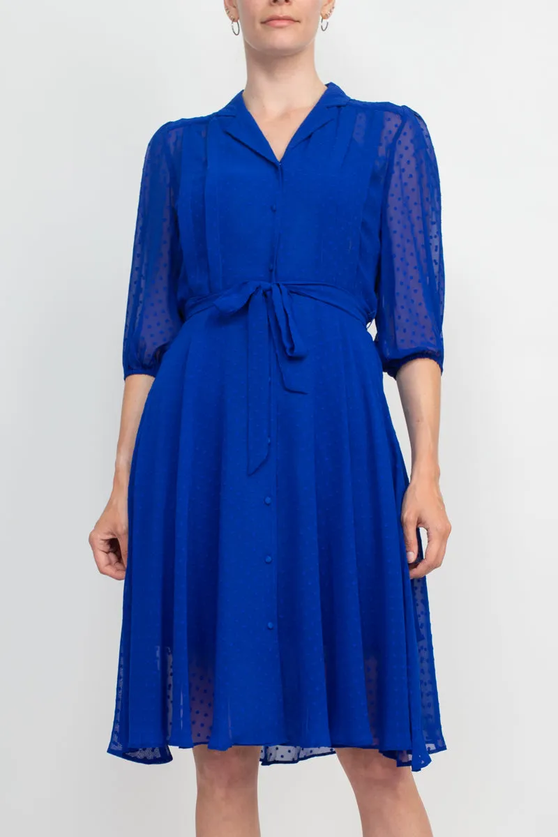 Nanette Lepore Collared Short Sleeve Tie Waist Illusion Rayon Dress