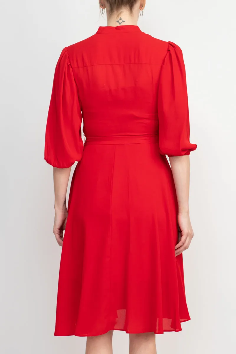 Nanette Lepore V-Neck 3/4 Sleeve Pleated Front Tie Waist A-Line Solid Crepe Dress