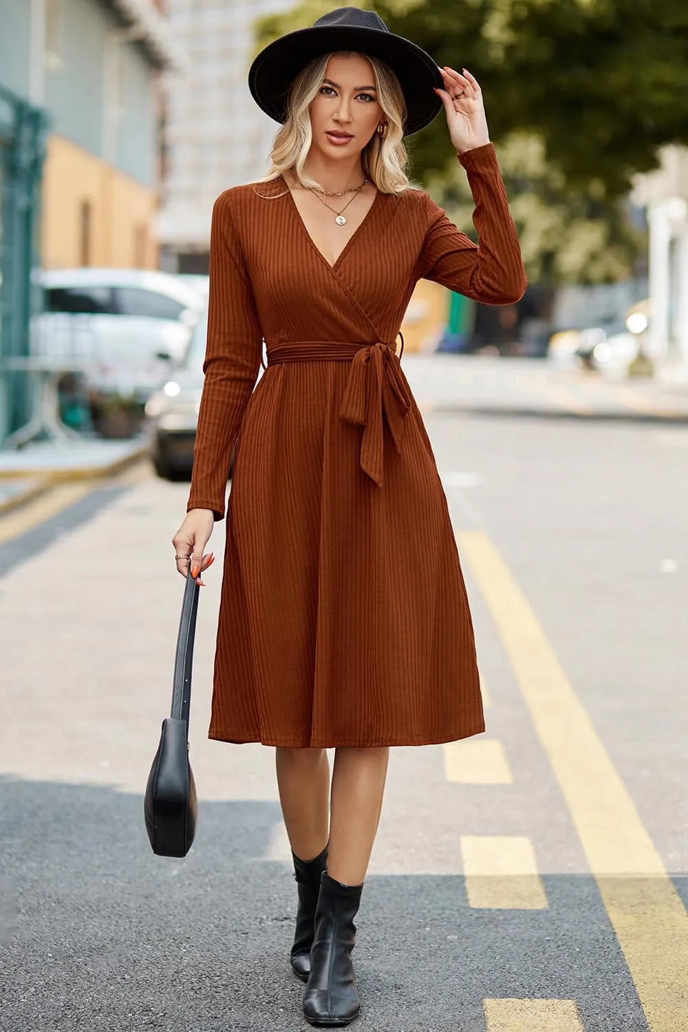 Newshows Womens 2024 Fall Sweater Dress Long Sleeve Business Casual Outfits V Neck Ribbed Knit Belt Trendy with Pockets
