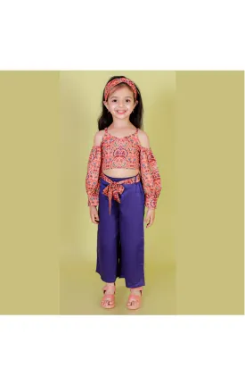 Orange Printed Polyester Top With Pant Set