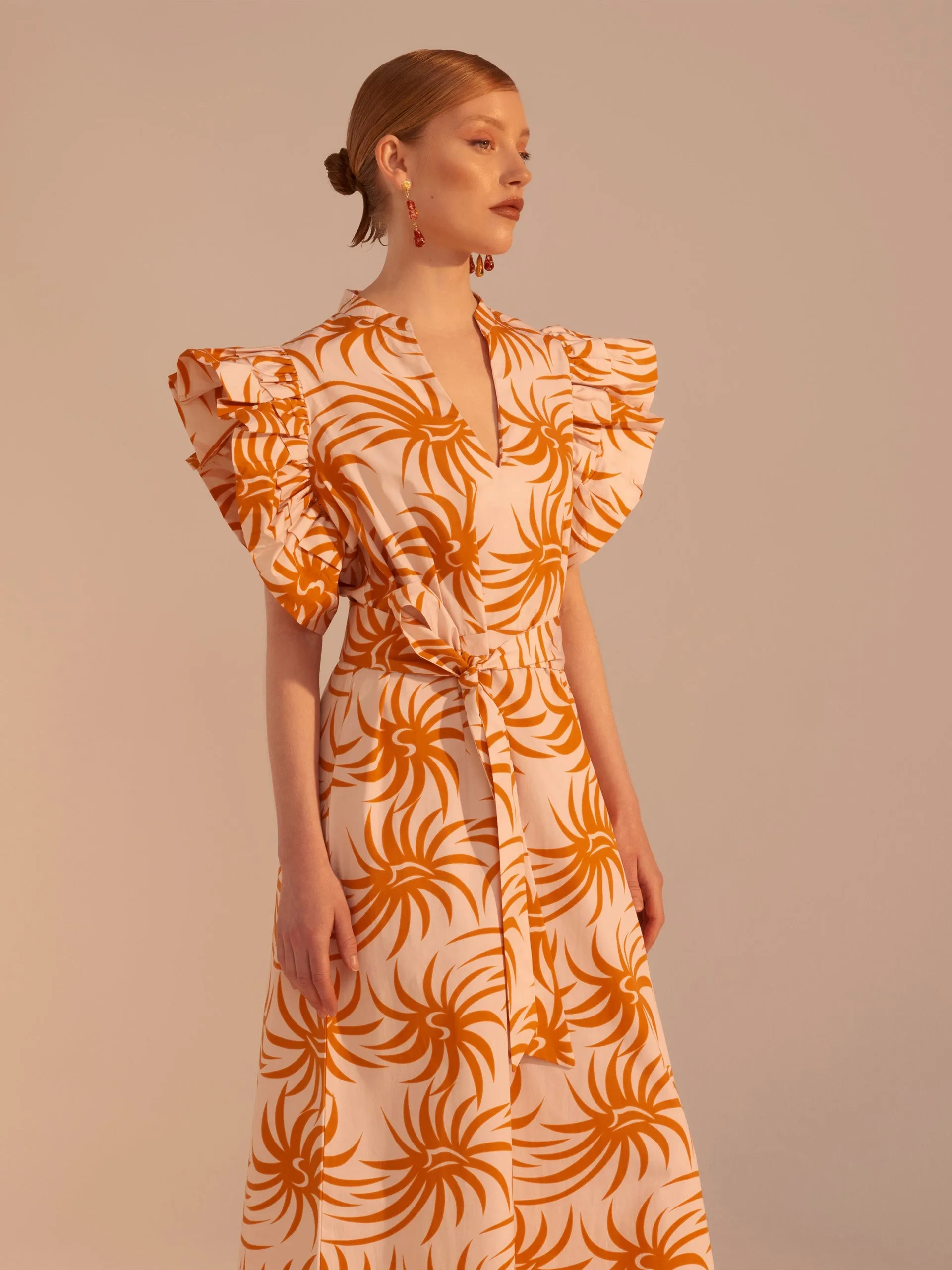 Orange spiral cotton poplin midi dress