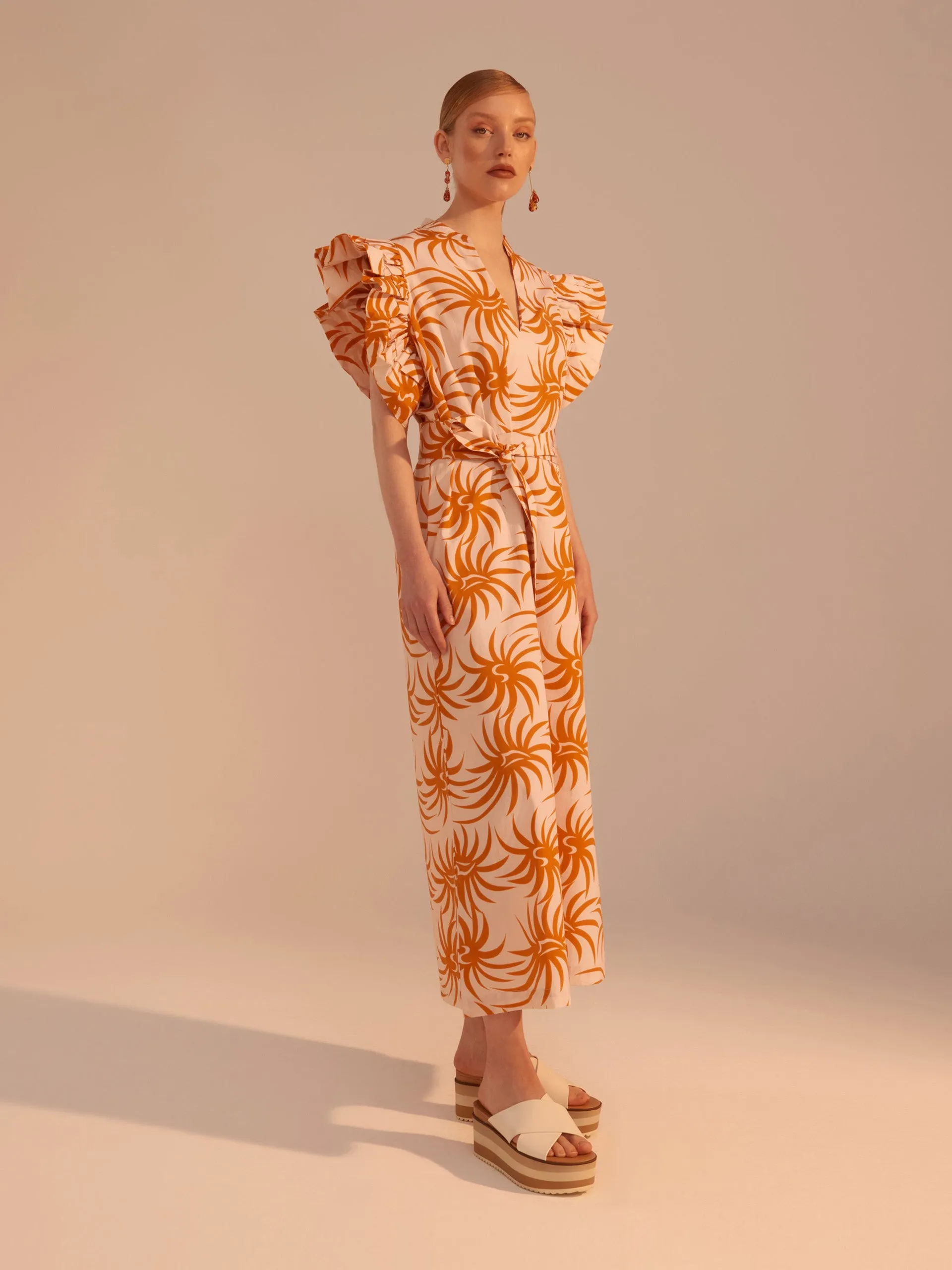 Orange spiral cotton poplin midi dress