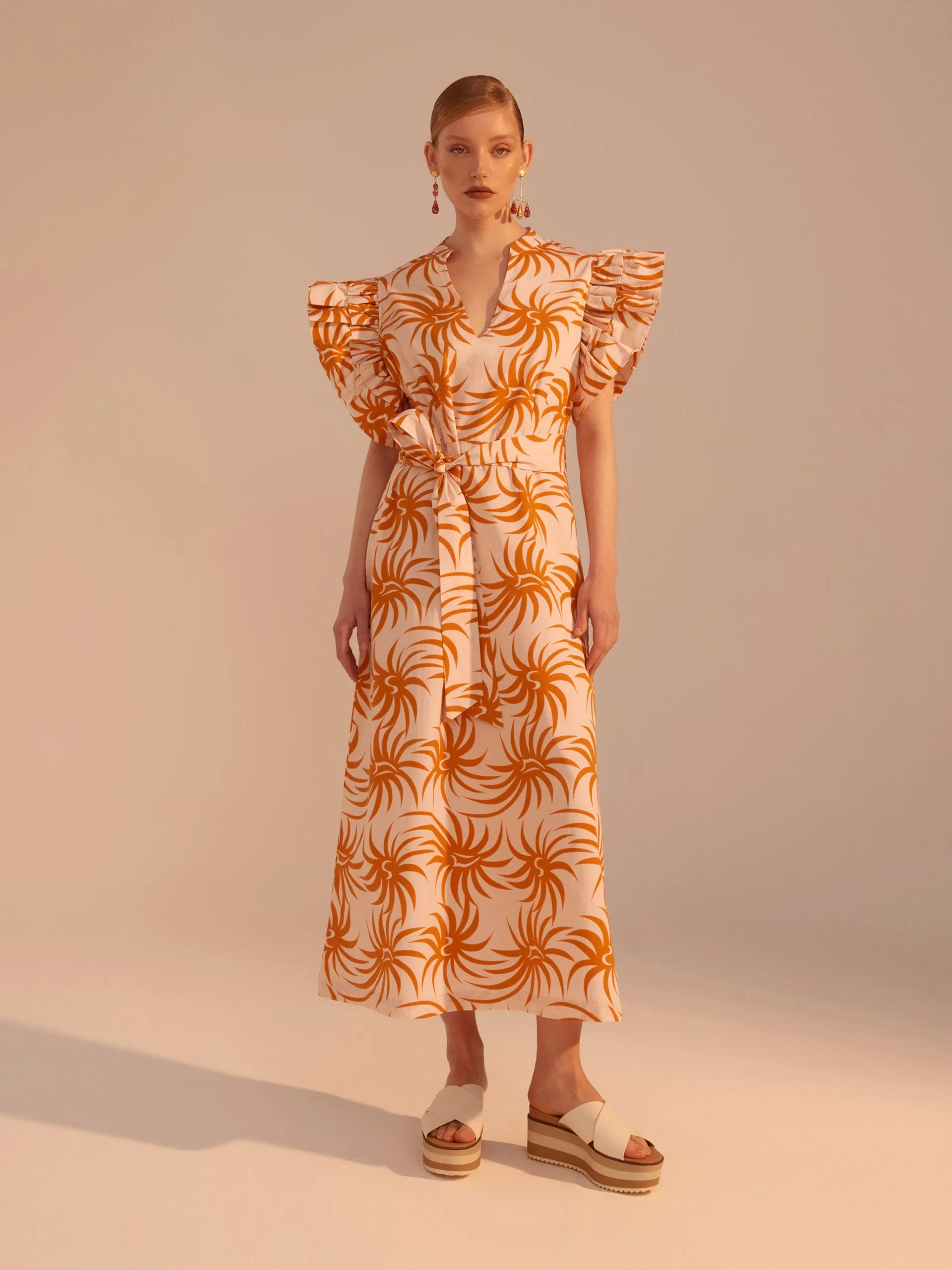 Orange spiral cotton poplin midi dress