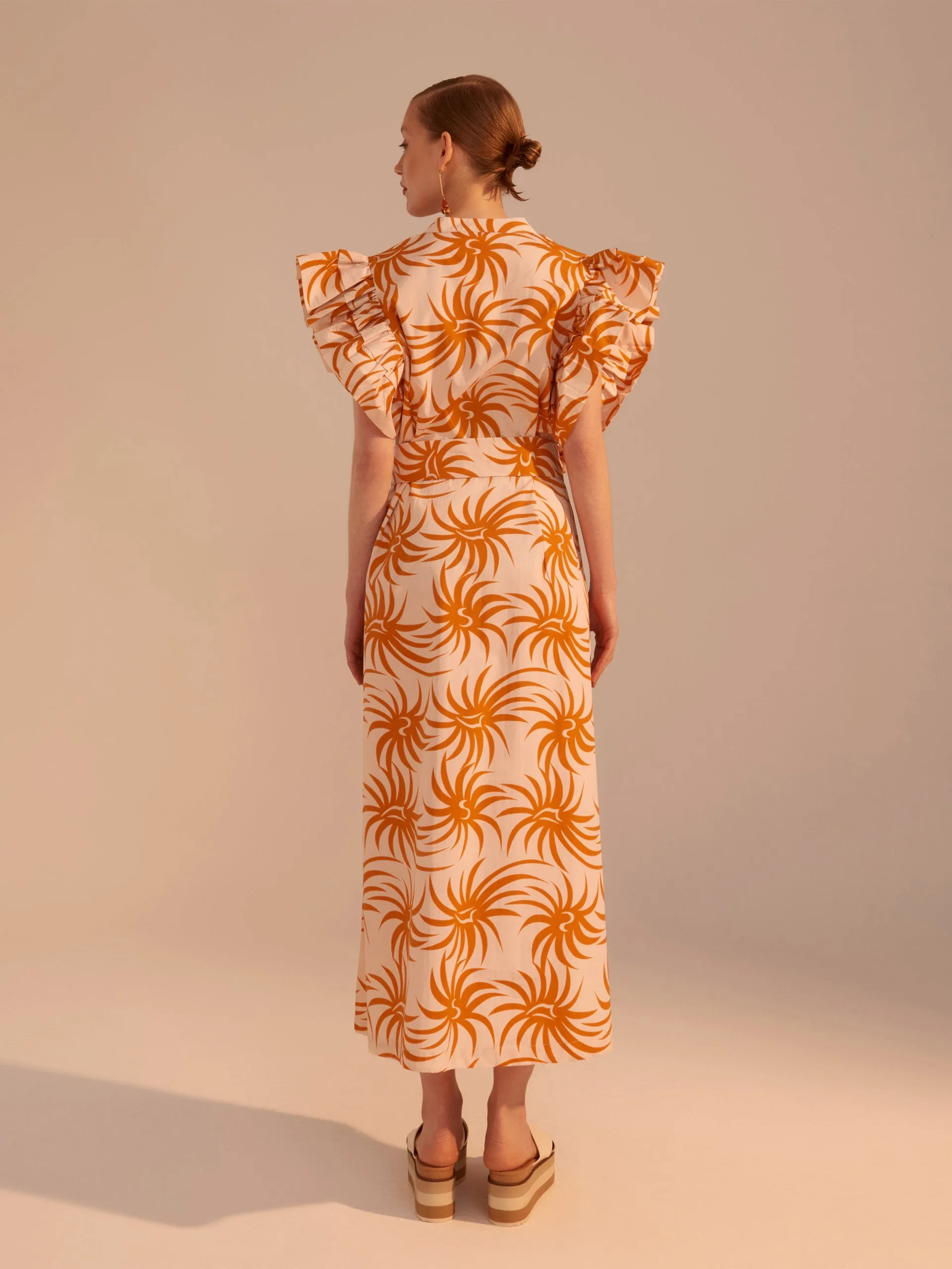 Orange spiral cotton poplin midi dress