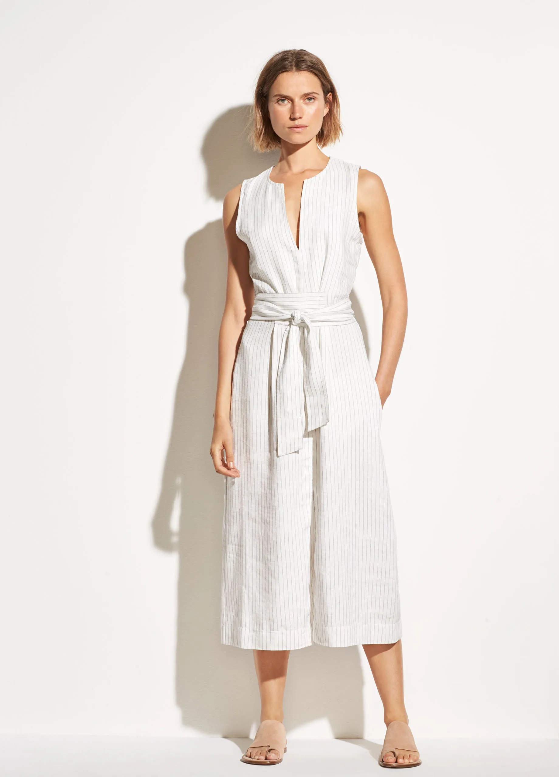 Pencil Stripe Belted Sleeveless Dress in Creme