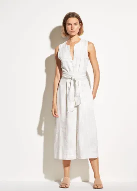 Pencil Stripe Belted Sleeveless Dress in Creme