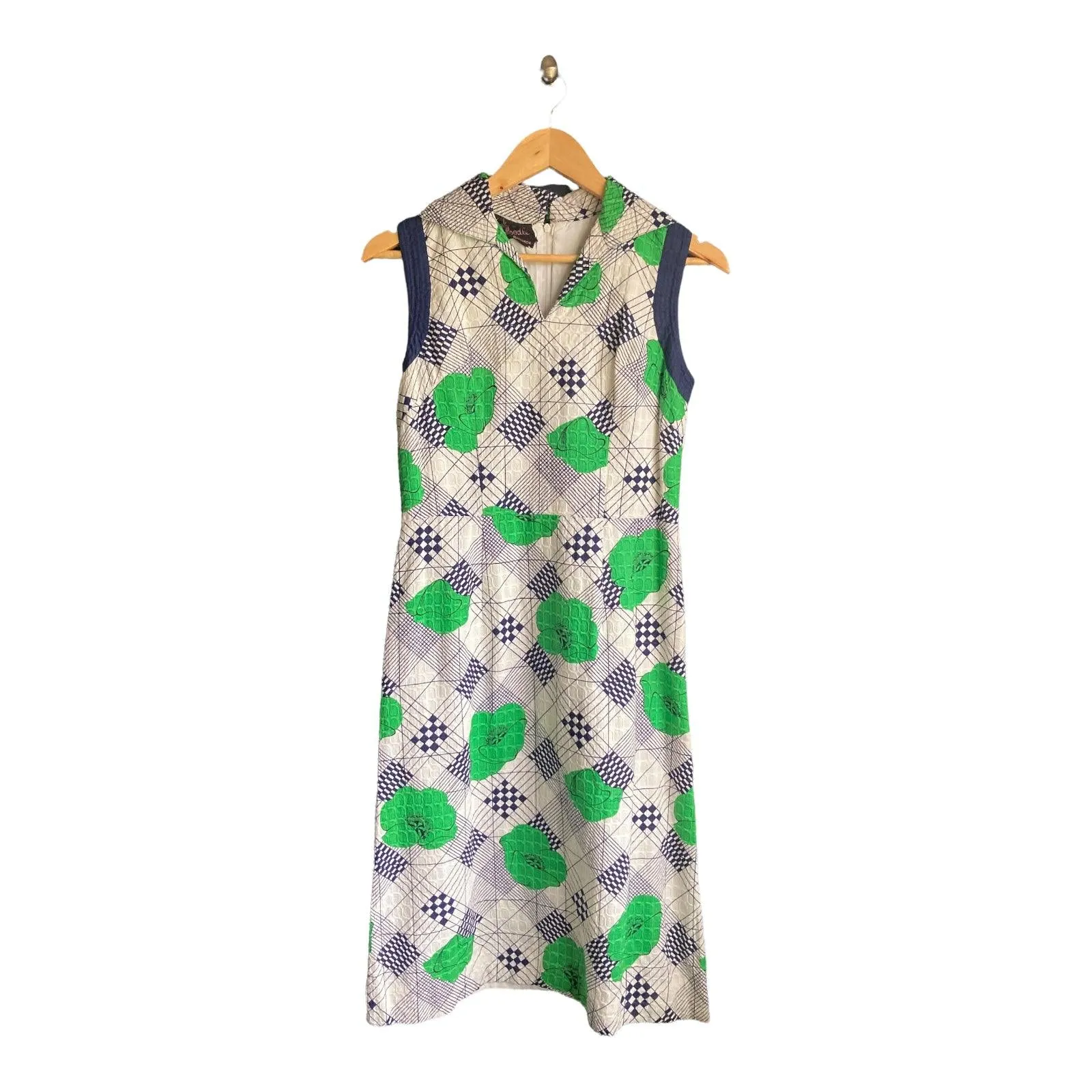 Pink Poodle White Navy And Green Patterned Sleeveless Dress UK Size 8