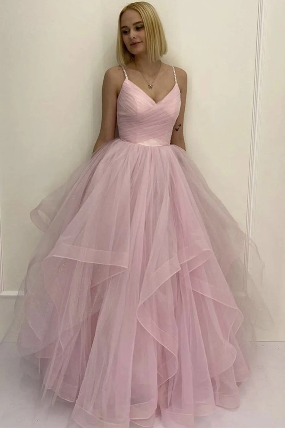 Pink Tulle V Neck Fluffy Long Prom Dress, V Neck Pink Formal Evening Dress, Pink Ball Gown