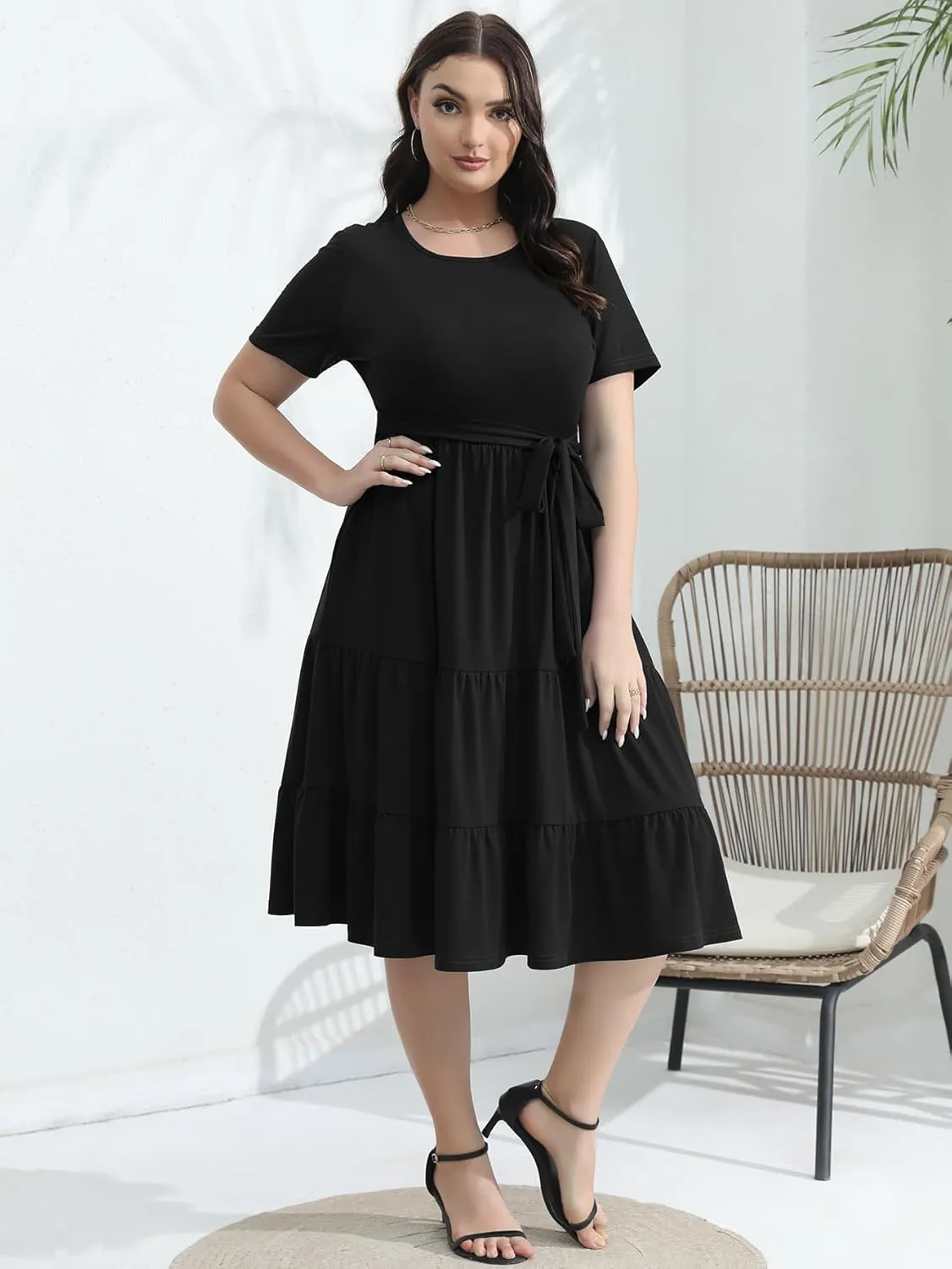 Plus Size Elegant Floral Dresses for Women 2025 Midi Tiered Flowy Belted Modest Wedding Guest Dress with Pockets
