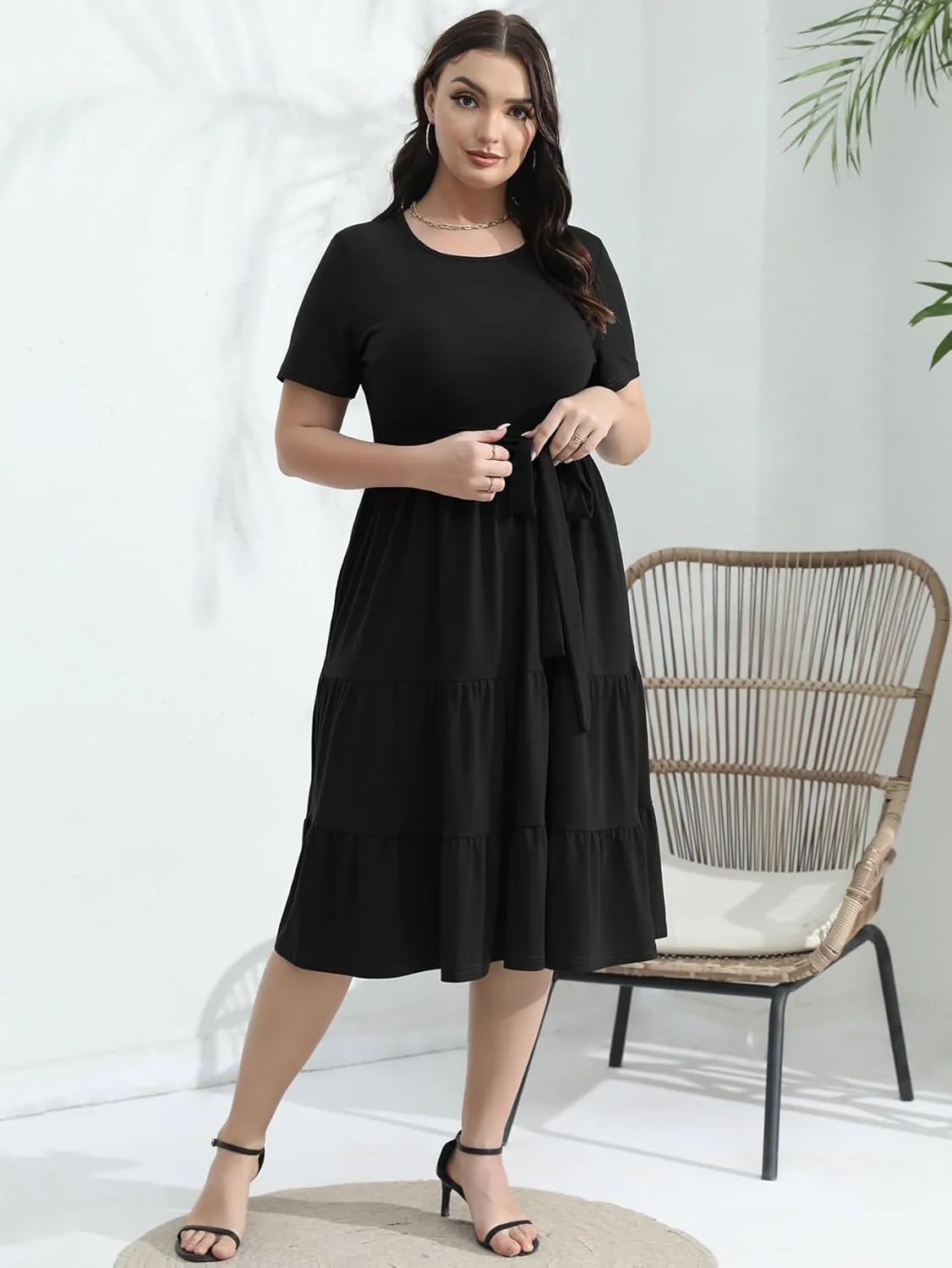 Plus Size Elegant Floral Dresses for Women 2025 Midi Tiered Flowy Belted Modest Wedding Guest Dress with Pockets
