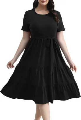 Plus Size Elegant Floral Dresses for Women 2025 Midi Tiered Flowy Belted Modest Wedding Guest Dress with Pockets