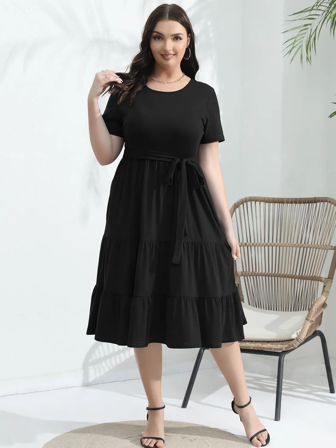 Plus Size Elegant Floral Dresses for Women 2025 Midi Tiered Flowy Belted Modest Wedding Guest Dress with Pockets
