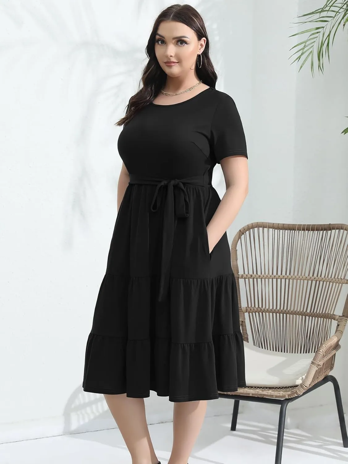 Plus Size Elegant Floral Dresses for Women 2025 Midi Tiered Flowy Belted Modest Wedding Guest Dress with Pockets