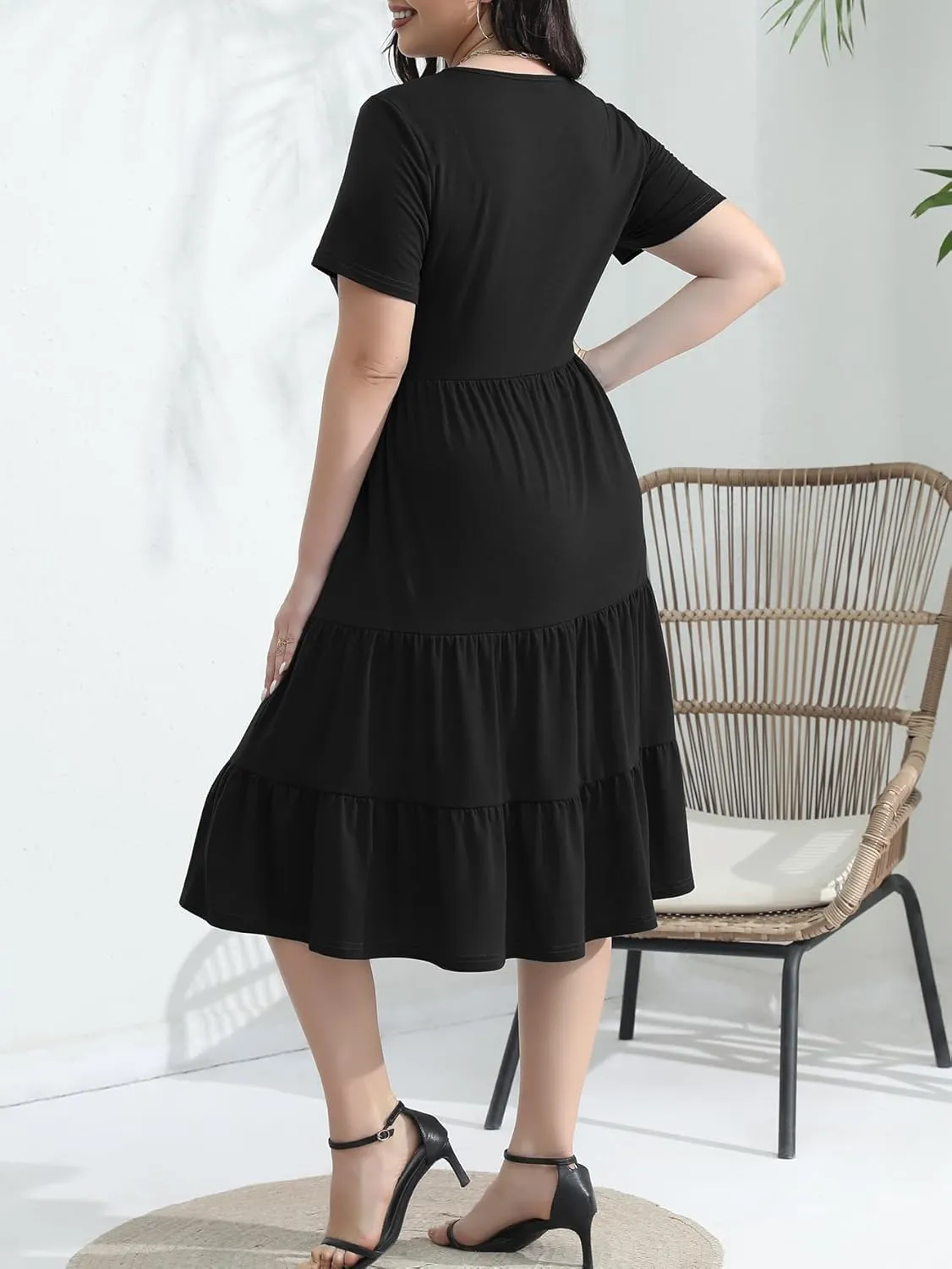 Plus Size Elegant Floral Dresses for Women 2025 Midi Tiered Flowy Belted Modest Wedding Guest Dress with Pockets