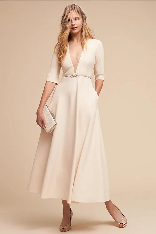 Pure White V-neck Fit&Flare Midi Dress