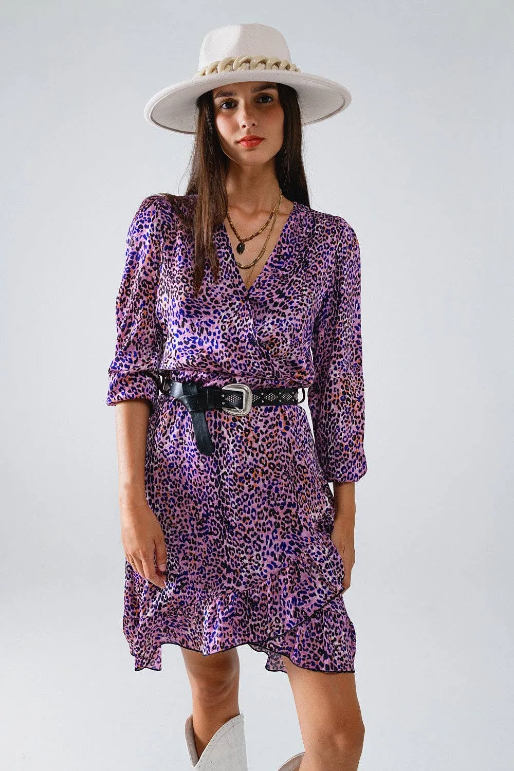Purple Animal Print Wrap Dress With Ruffle Skirt
