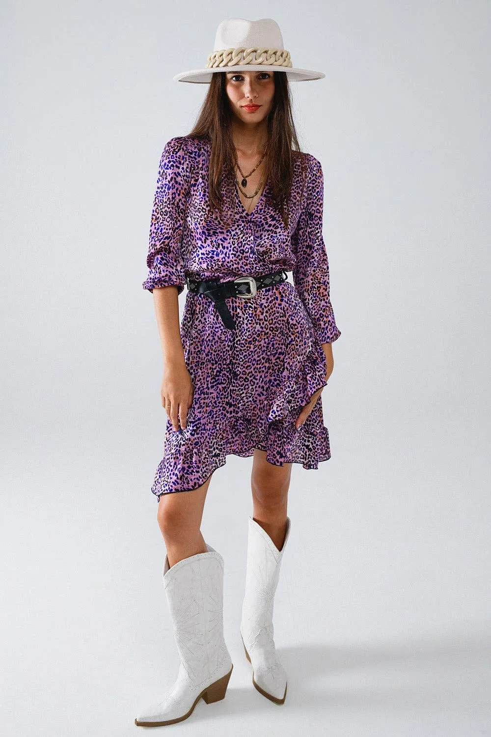 Purple Animal Print Wrap Dress With Ruffle Skirt