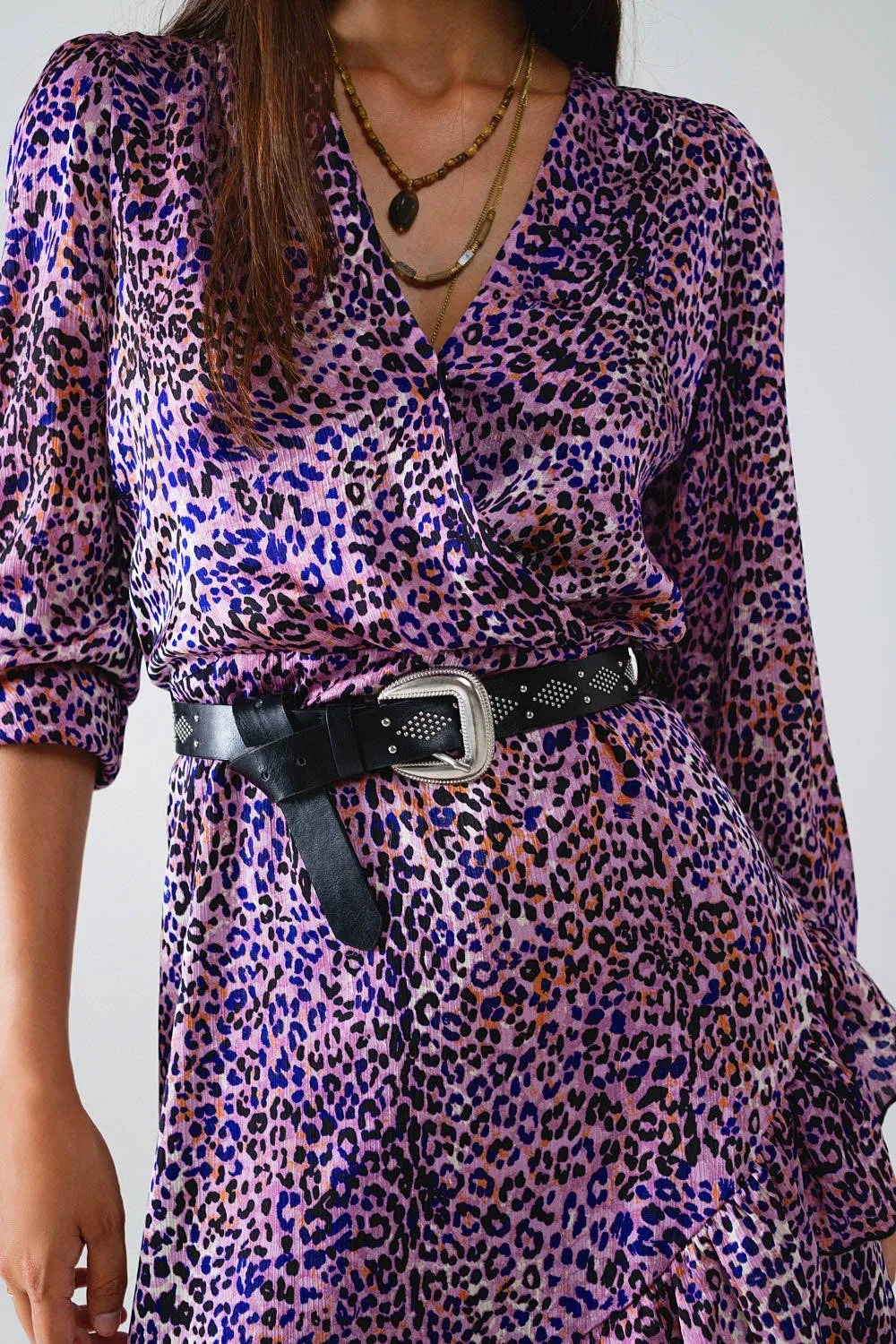 Purple Animal Print Wrap Dress With Ruffle Skirt