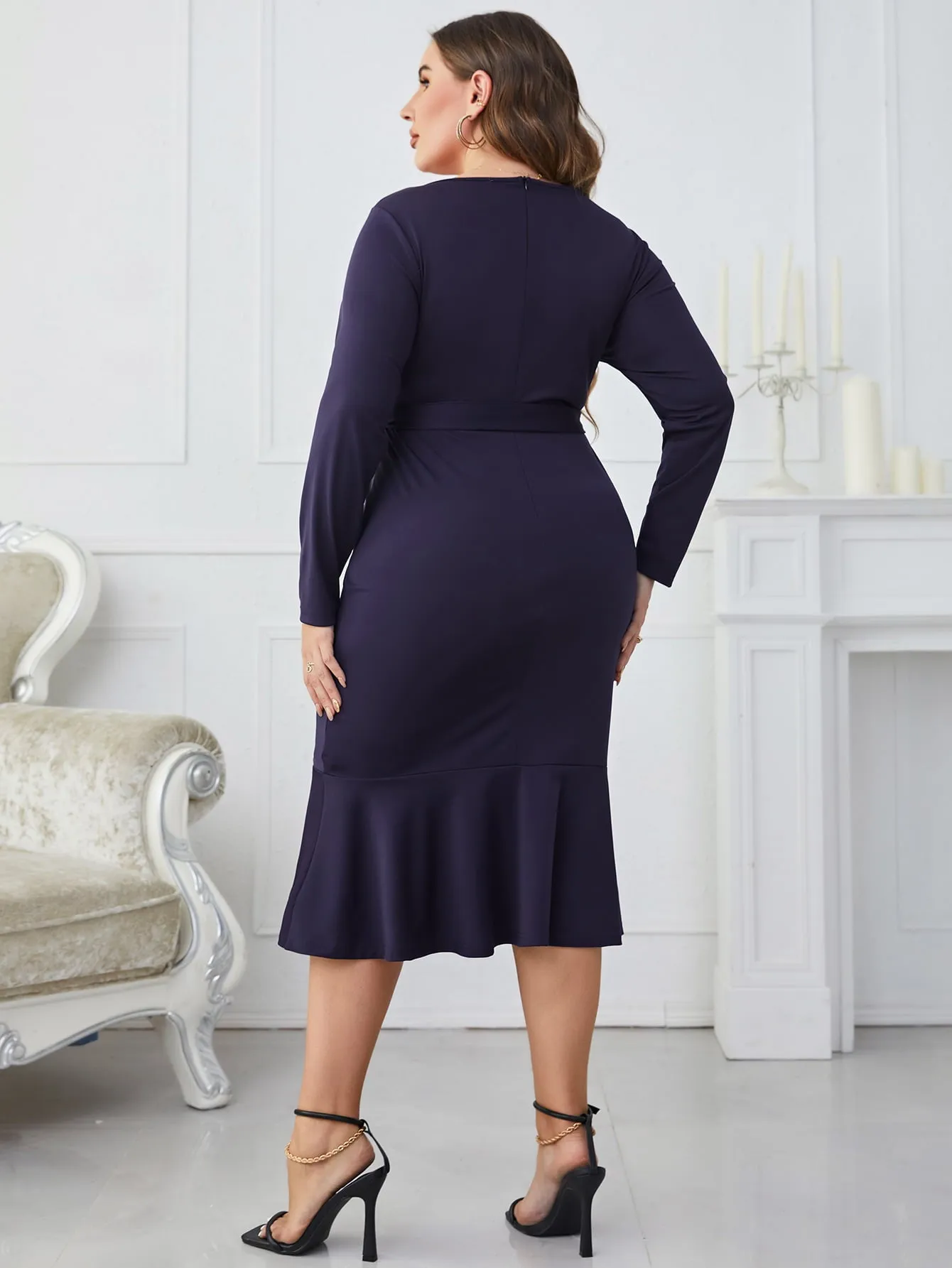 Put Them To Work Plus Size Buttoned Round Neck Tie Belt Midi Dress